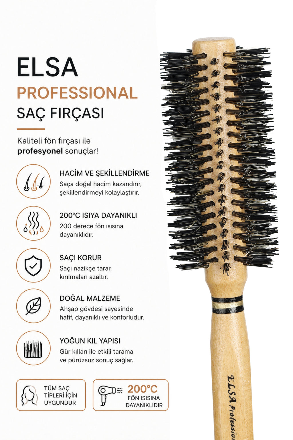 Professional 2003 Natürel Kırçıllı Saç Fırçası 48 mm – Profesyonel Fön Fırçası, Hacim Veren Yuvarlak Saç Fırçası