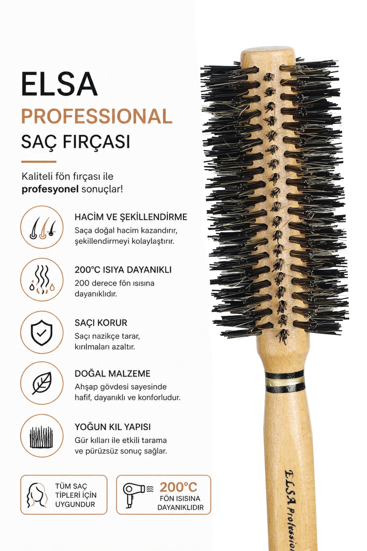 Professional 2003 Natürel Kırçıllı Saç Fırçası 48 mm – Profesyonel Fön Fırçası, Hacim Veren Yuvarlak Saç Fırçası