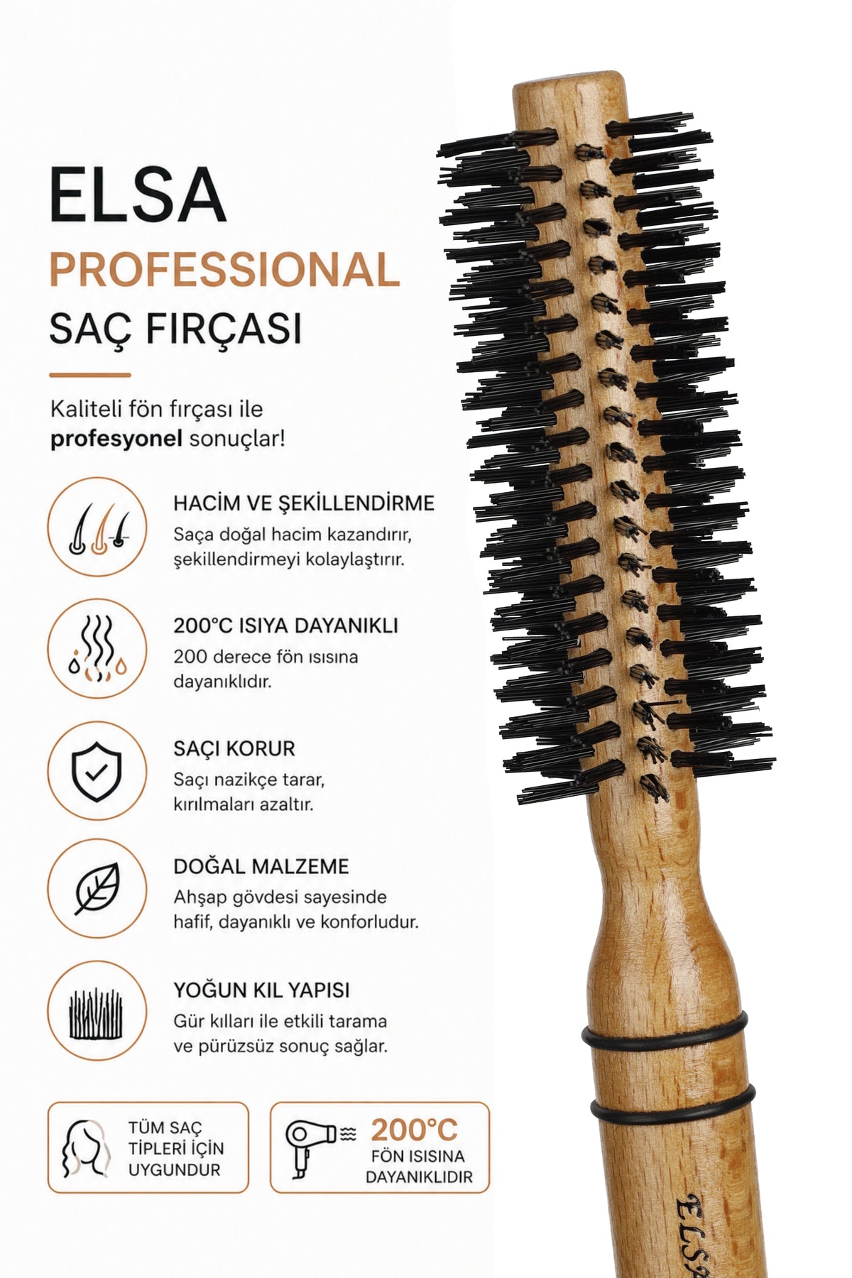 Professional 0.18 Natürel Kırçıllı Saç Fırçası 48 mm – Profesyonel Fön Fırçası, Hacim Veren Yuvarlak Saç Fırçası