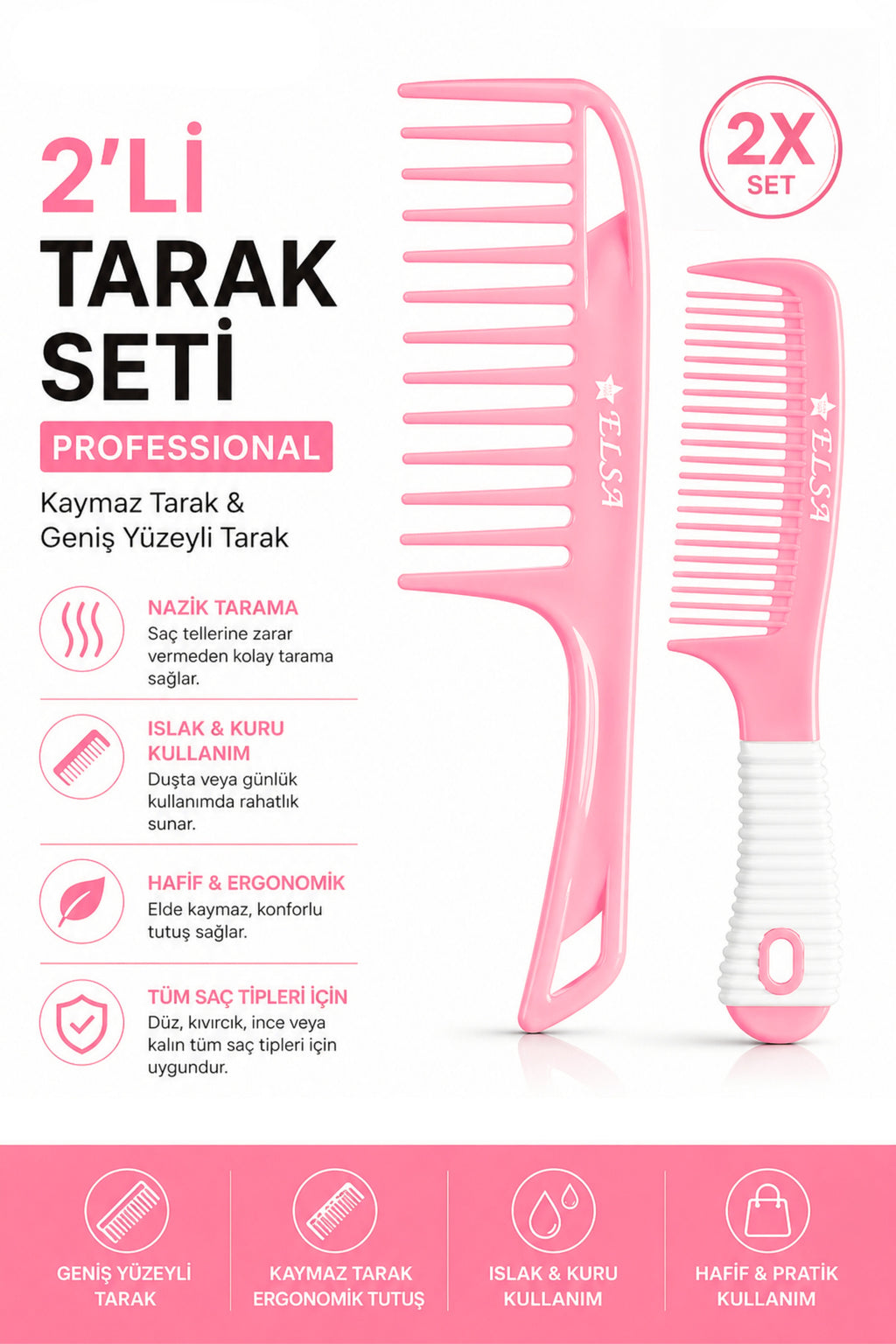 Professional 1058 Kaymaz Tarak & 0345 Geniş Yüzeyli Tarak 2’li Set – Kolay Tarama