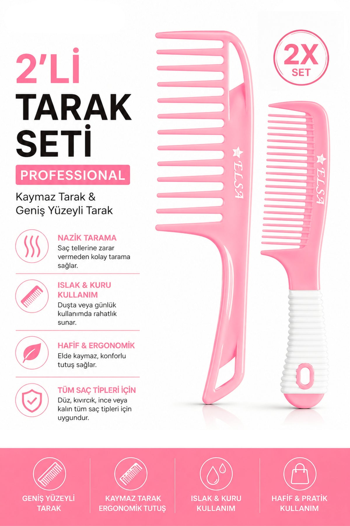 Professional 1058 Kaymaz Tarak & 0345 Geniş Yüzeyli Tarak 2’li Set – Kolay Tarama