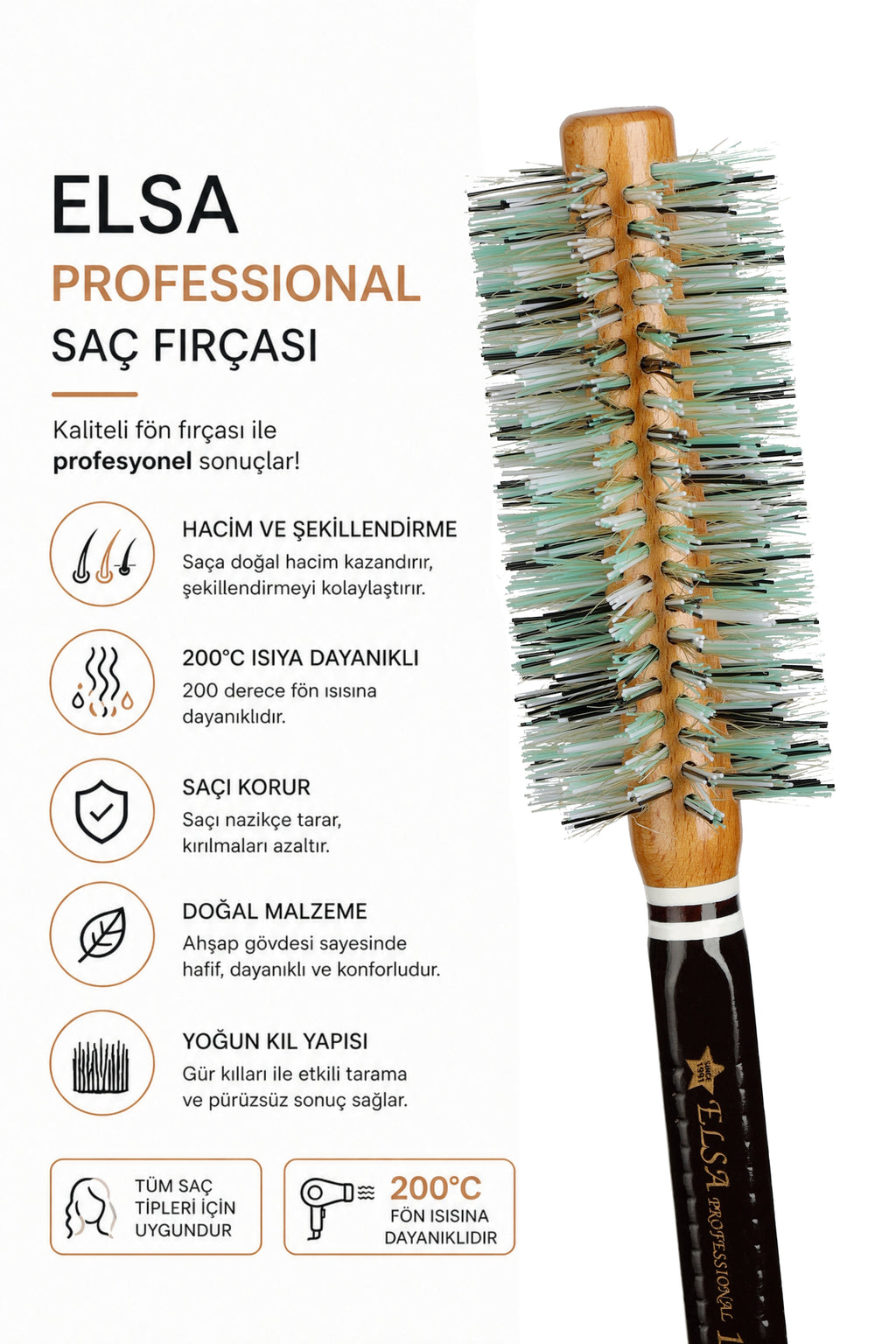 Elsa Professional 1929B Natürel Saç Fırçası 48 mm – Profesyonel Fön Fırçası, Hacim Veren Yuvarlak Saç Fırçası