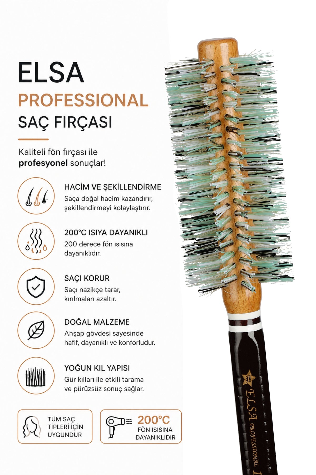 Elsa Professional 1929B Natürel Saç Fırçası 48 mm – Profesyonel Fön Fırçası, Hacim Veren Yuvarlak Saç Fırçası