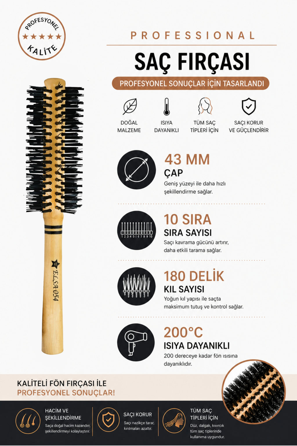 Elsa Professional 0.54 Natürel Saç Fırçası 43 mm – Profesyonel Fön Fırçası, Hacim Veren Yuvarlak Saç Fırçası