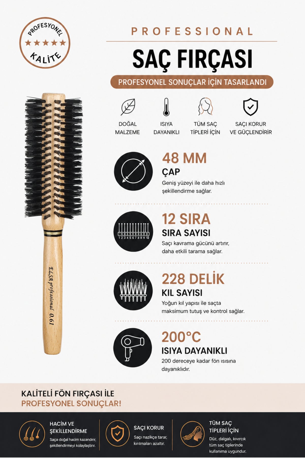 Elsa Professional 0.61 Natürel Saç Fırçası 48 mm - Profesyonel Fön Fırçası, Yuvarlak Saç Fırçası
