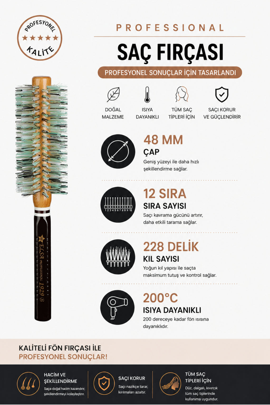 Elsa Professional 1929B Natürel Saç Fırçası 48 mm – Profesyonel Fön Fırçası, Hacim Veren Yuvarlak Saç Fırçası