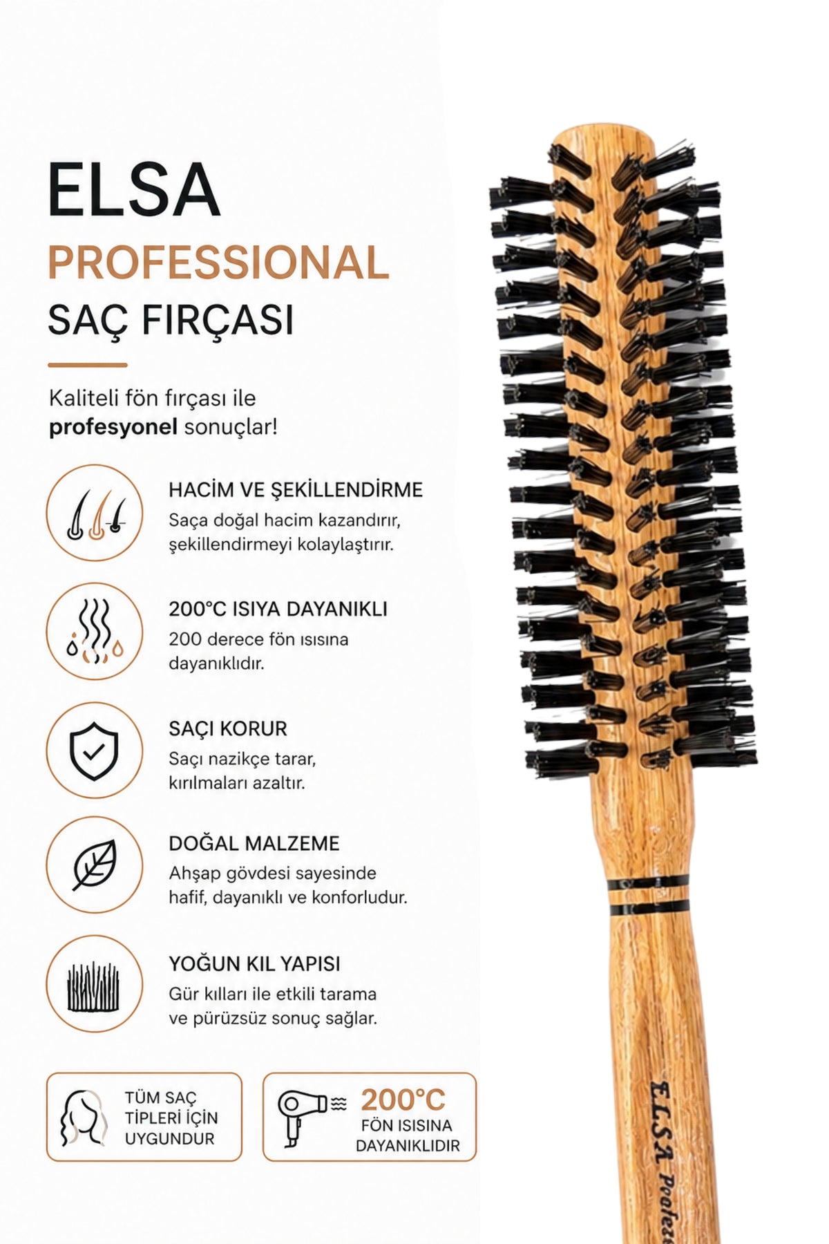 Professional 0.91 Natürel Yumuşak Saç Fırçası 36 mm – Profesyonel Fön Fırçası, Hacim Veren Yuvarlak Saç Fırçası