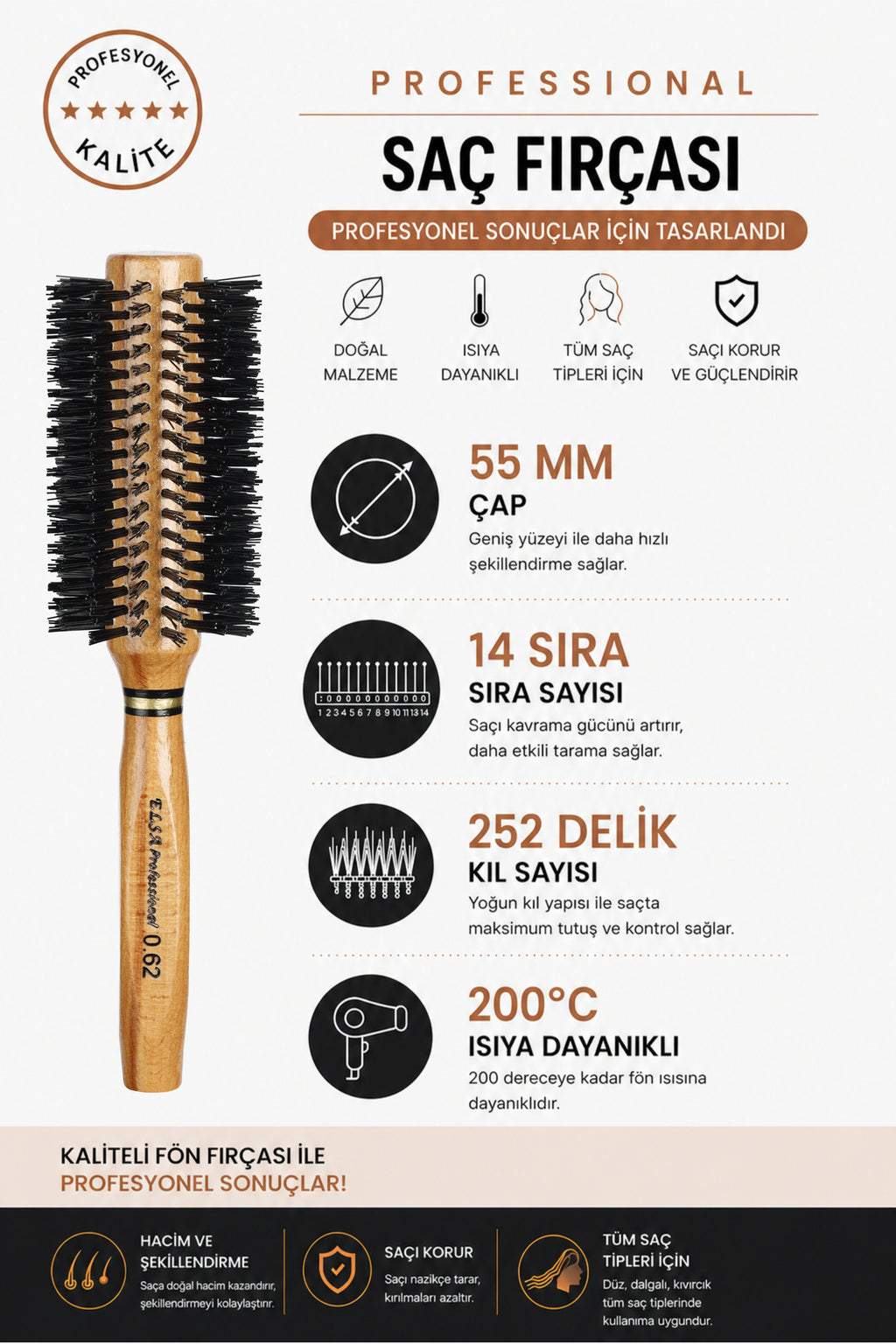Elsa Professional 0.62 Natürel Saç Fırçası 55 mm – Profesyonel Fön Fırçası, Hacim Veren Yuvarlak Saç Fırçası