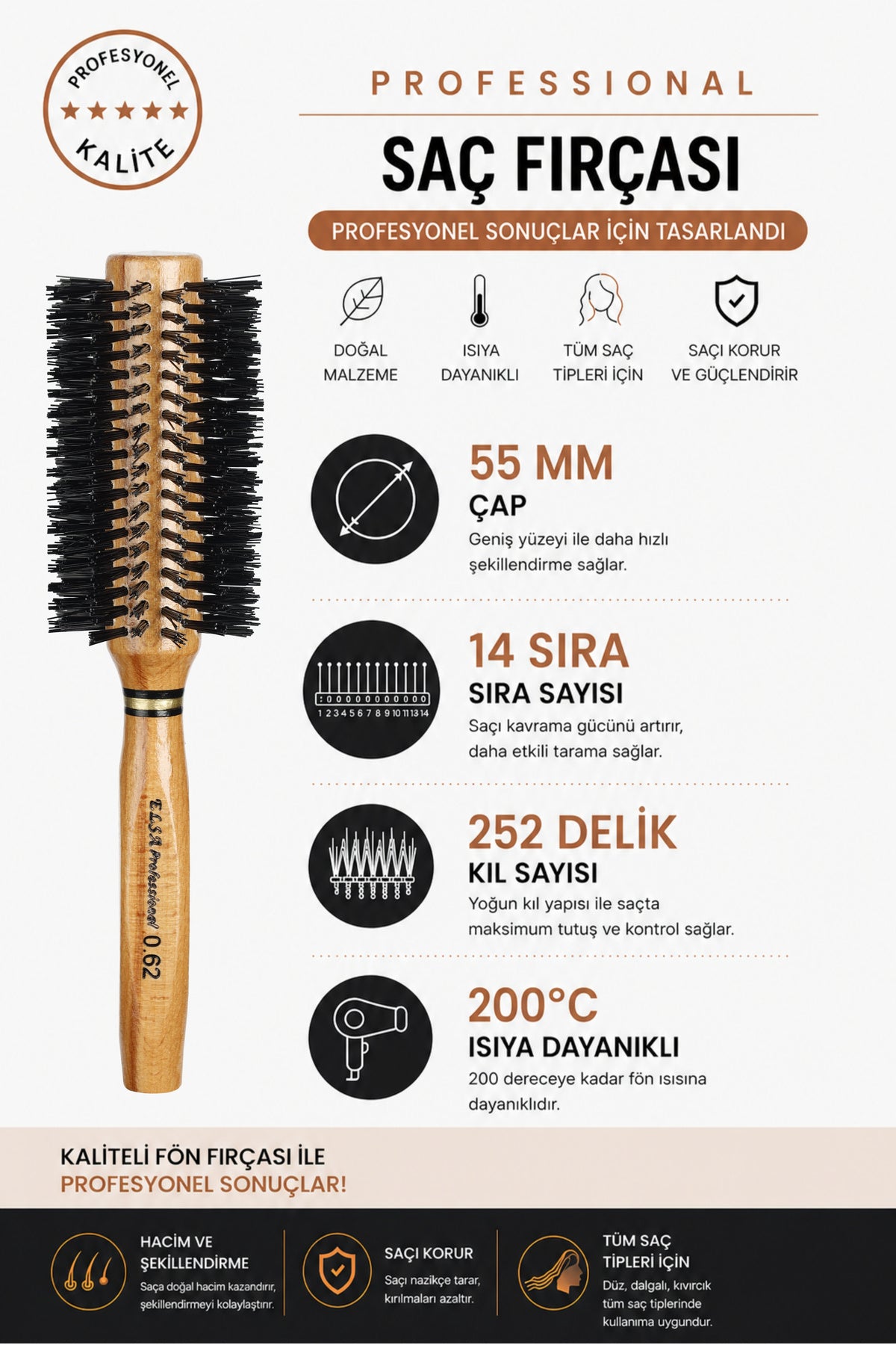 Elsa Professional 0.62 Natürel Saç Fırçası 55 mm – Profesyonel Fön Fırçası, Hacim Veren Yuvarlak Saç Fırçası