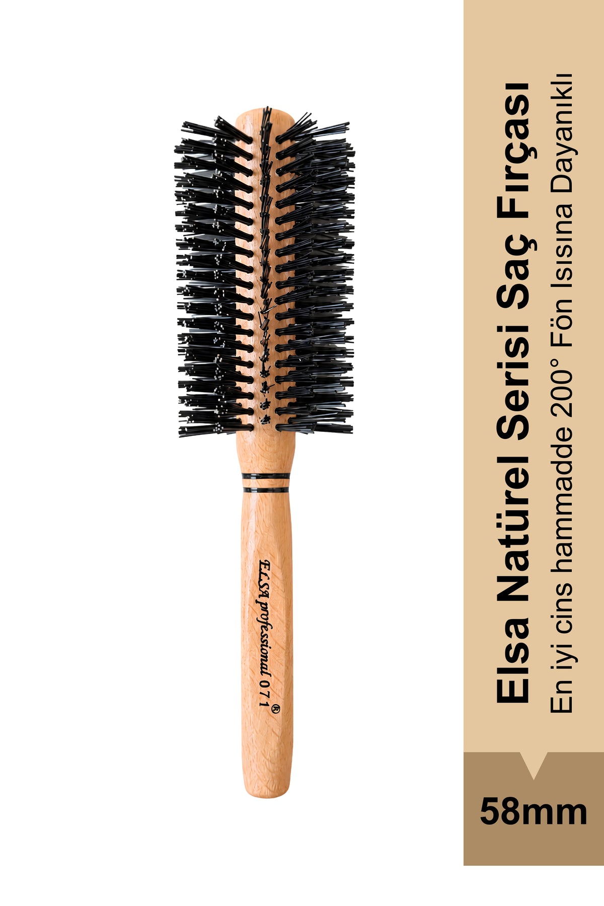 Elsa Professional 0.71 Natürel Saç Fırçası 58 mm – Profesyonel Fön Fırçası, Hacim Veren Yuvarlak Saç Fırçası