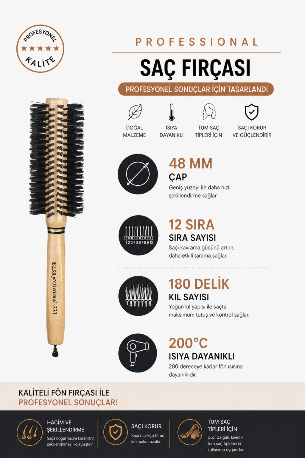 Professional 333 Natürel Tokalı Saç Fırçası 48 mm – Profesyonel Fön Fırçası