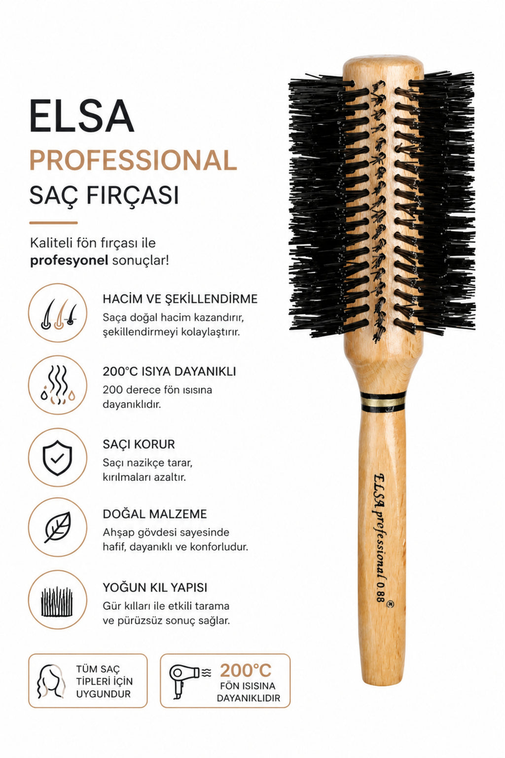 Elsa Professional 0.88 Natürel Saç Fırçası 71 mm – Profesyonel Fön Fırçası, Hacim Veren Yuvarlak Saç Fırçası