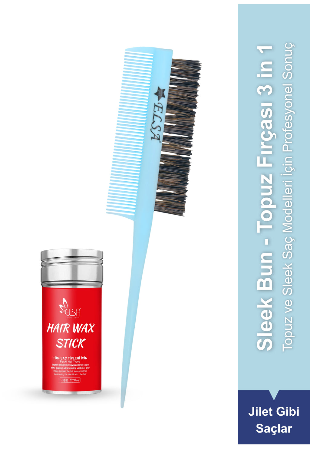 Professional Hair Wax Stick 75gr - Saç Sabitleyici ve 3 in 1 Topuz Fırçası Sleek Bun 2'li Set