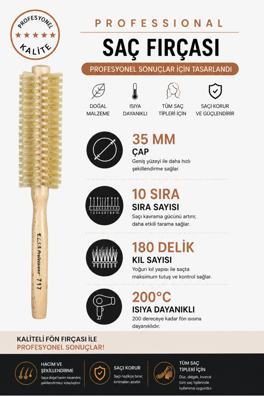 Professional 717 Doğal Saç Fırçası 48 mm – Doğal Fırçası, Hacim Veren Yuvarlak Saç Fırçası