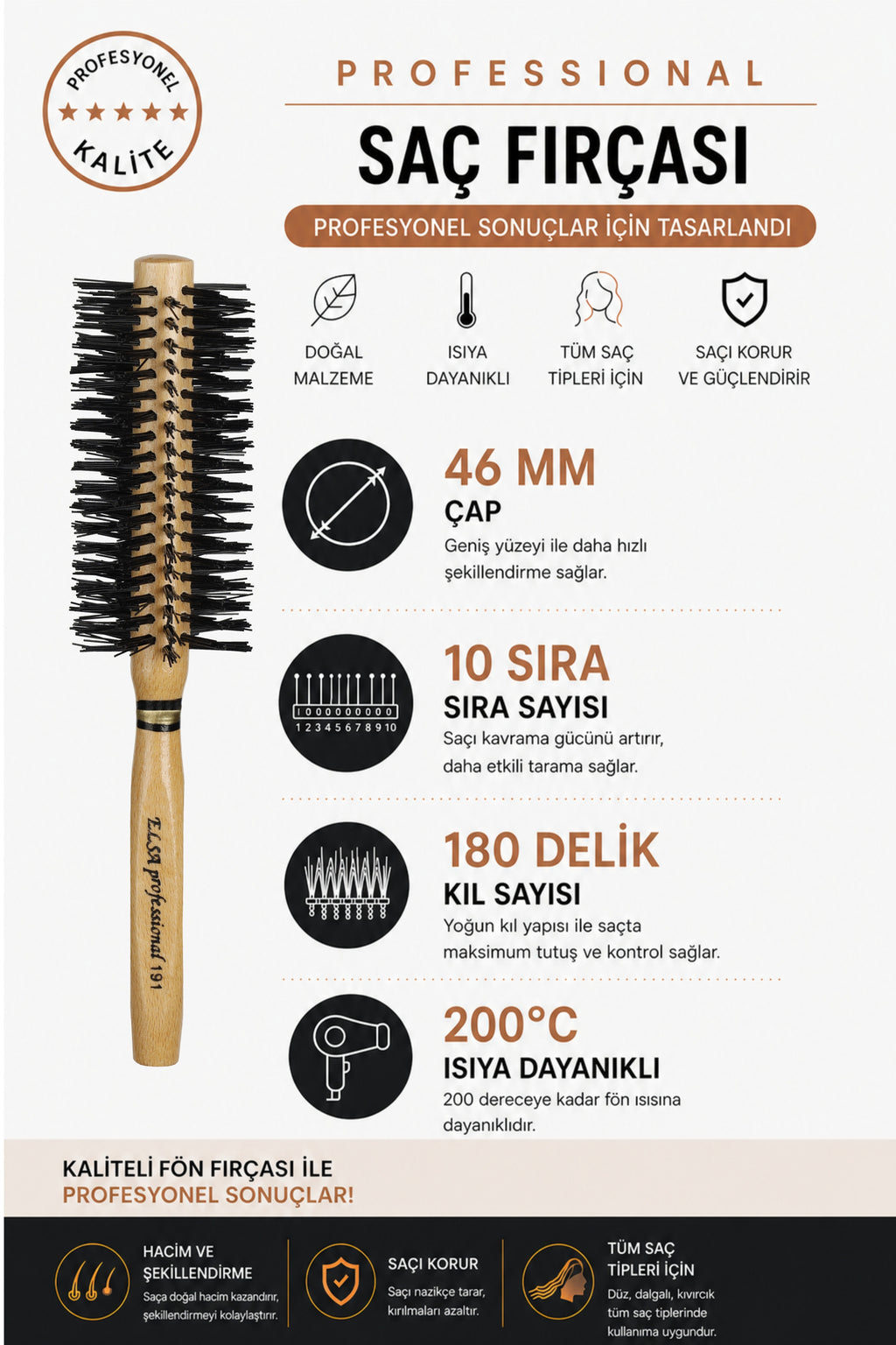 Professional 191 Natürel Saç Fırçası 46 mm – Profesyonel Fön Fırçası, Hacim Veren Yuvarlak Saç Fırçası