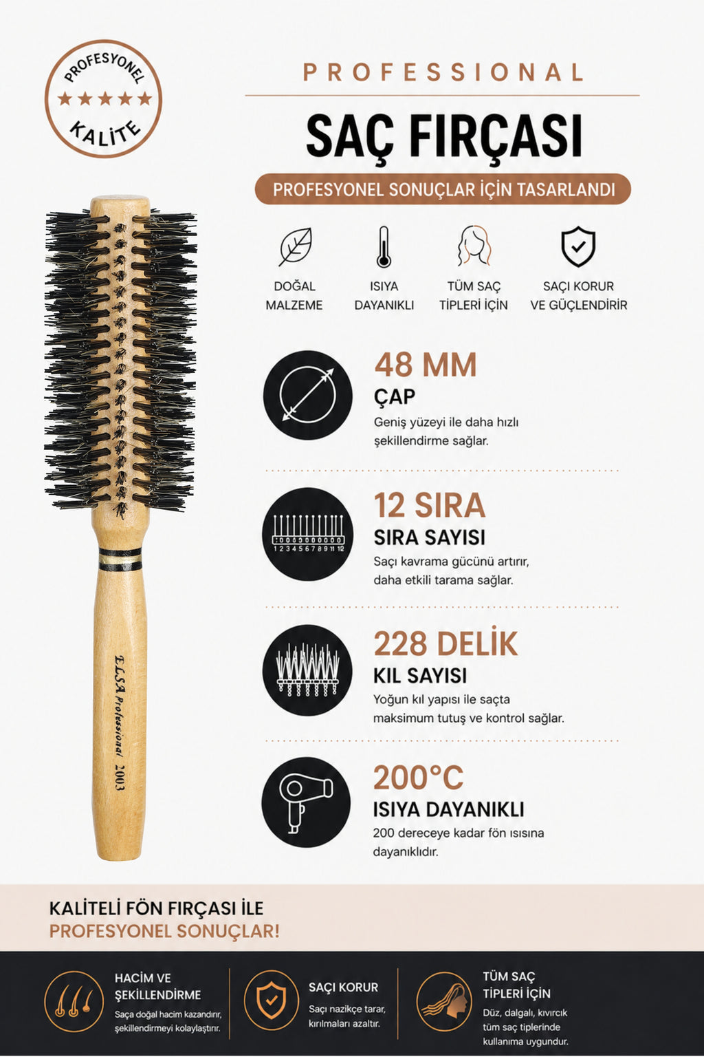 Professional 2003 Natürel Kırçıllı Saç Fırçası 48 mm – Profesyonel Fön Fırçası, Hacim Veren Yuvarlak Saç Fırçası