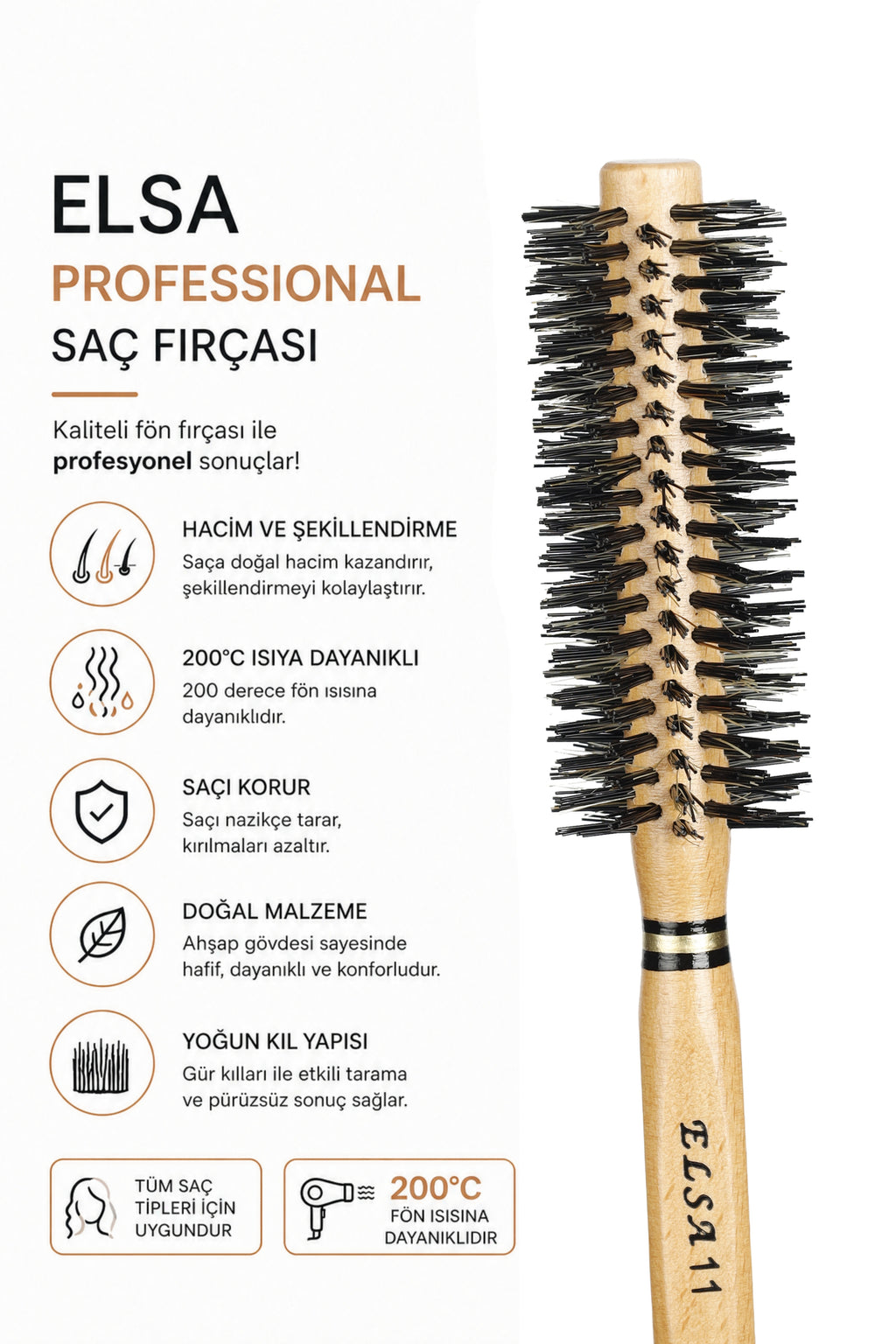 Professional 11 Natürel Kırçıllı Saç Fırçası 36 mm – Profesyonel Fön Fırçası, Hacim Veren Yuvarlak Saç Fırçası