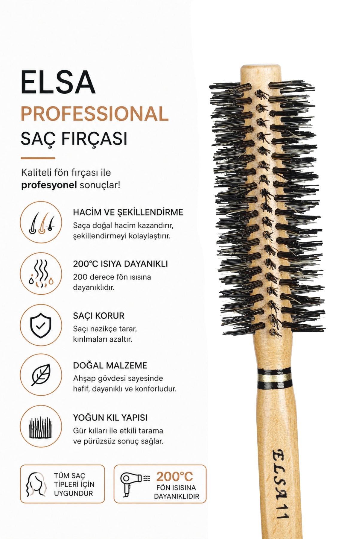 Professional 11 Natürel Kırçıllı Saç Fırçası 36 mm – Profesyonel Fön Fırçası, Hacim Veren Yuvarlak Saç Fırçası