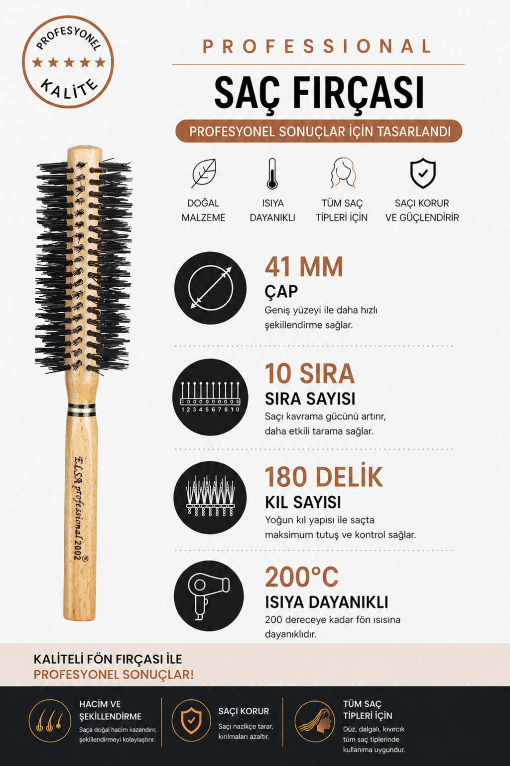 Professional 2002 Natürel Saç Fırçası 40 mm – Profesyonel Fön Fırçası, Hacim Veren Yuvarlak Saç Fırçası