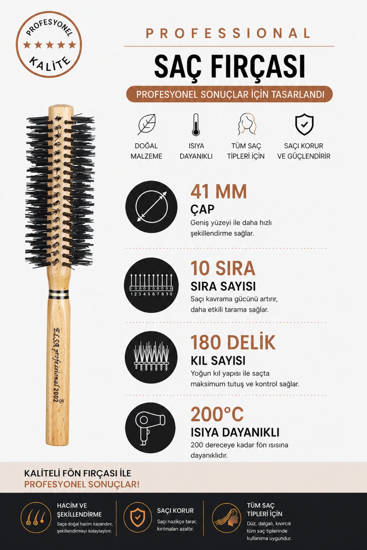 Professional 2002 Natürel Saç Fırçası 40 mm – Profesyonel Fön Fırçası, Hacim Veren Yuvarlak Saç Fırçası
