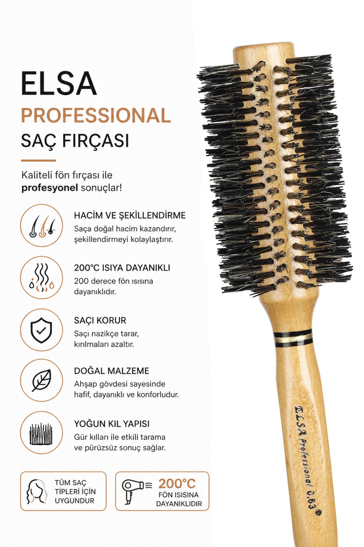 Professional 0.63 Natürel Saç Fırçası 55 mm – Profesyonel Fön Fırçası, Hacim Veren Yuvarlak Saç Fırçası