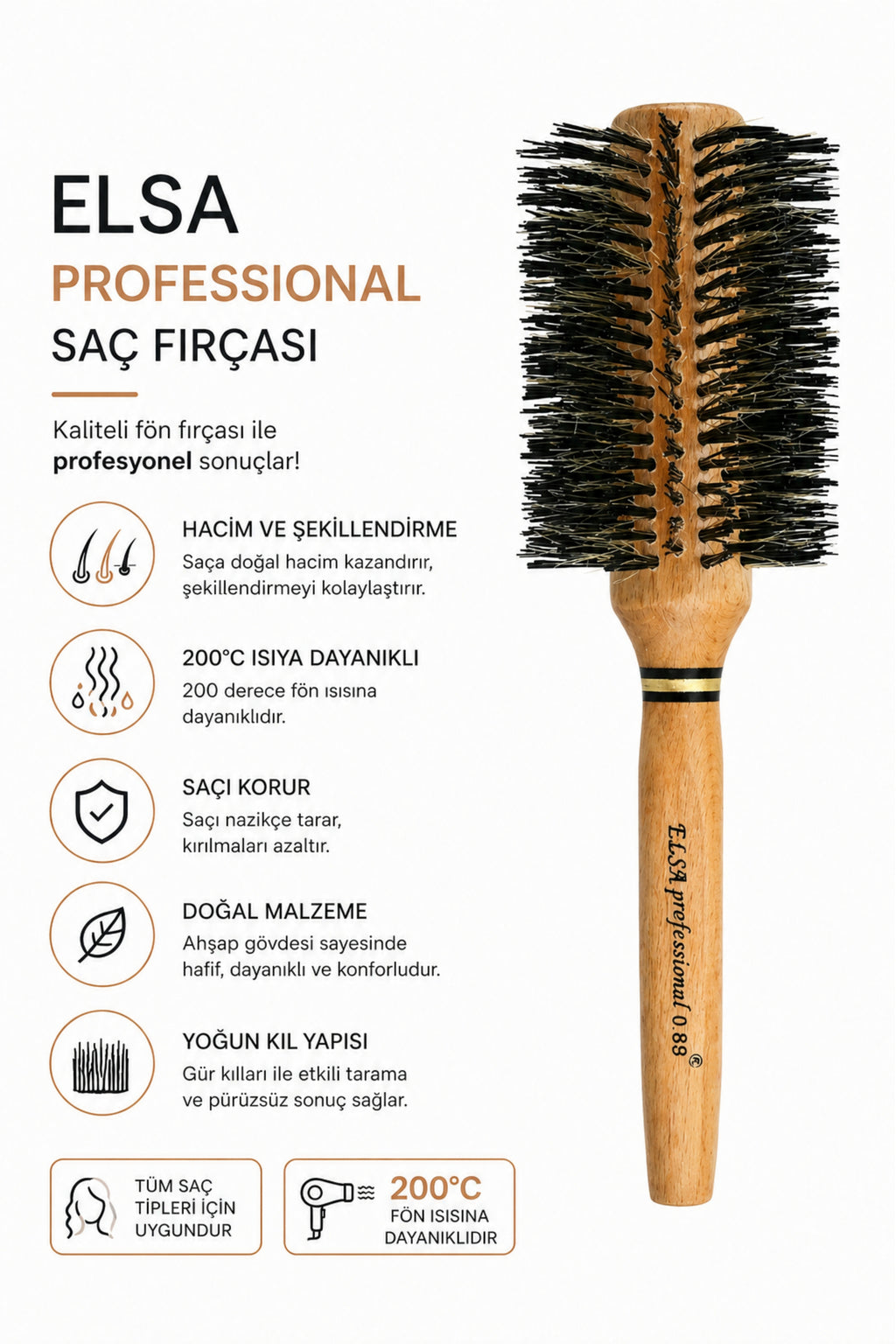 Professional 0.89 Natürel Saç Fırçası 71 mm – Profesyonel Fön Fırçası, Hacim Veren Yuvarlak Saç Fırçası
