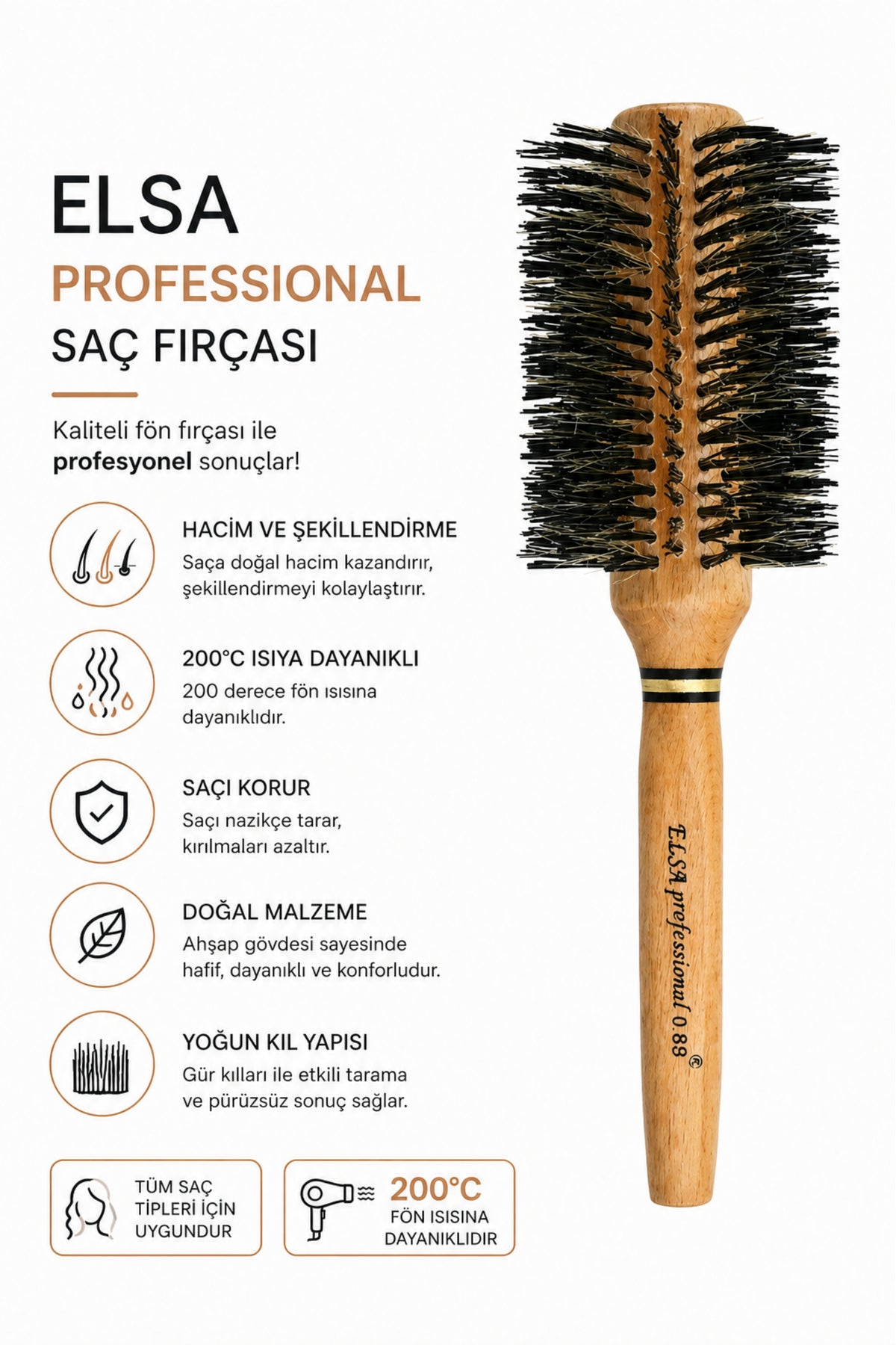 Professional 0.89 Natürel Saç Fırçası 71 mm – Profesyonel Fön Fırçası, Hacim Veren Yuvarlak Saç Fırçası