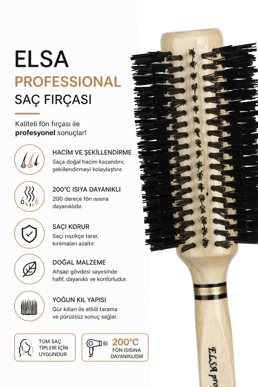 Professional 0.77 Natürel Saç Fırçası 60 mm – Profesyonel Fön Fırçası, Hacim Veren Yuvarlak Saç Fırçası