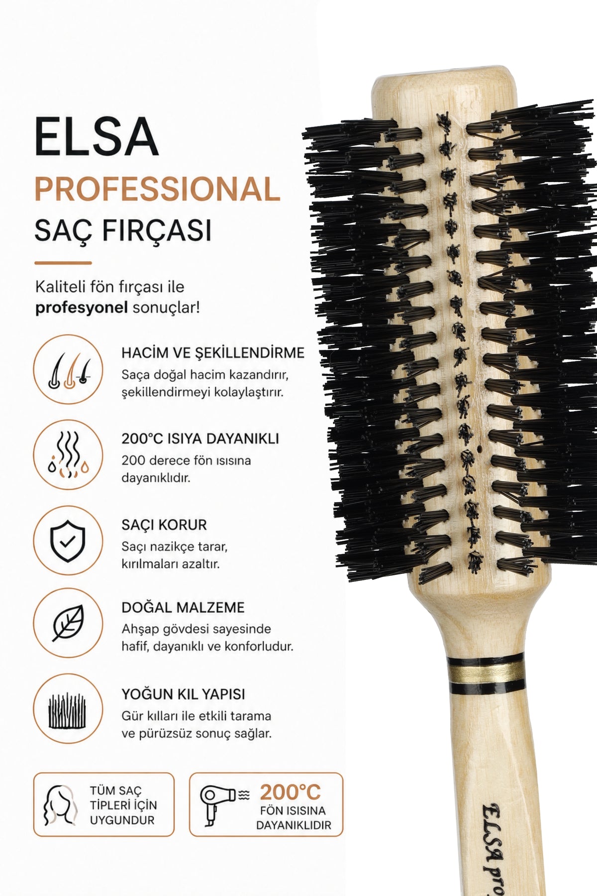 Professional 0.77 Natürel Saç Fırçası 60 mm – Profesyonel Fön Fırçası, Hacim Veren Yuvarlak Saç Fırçası