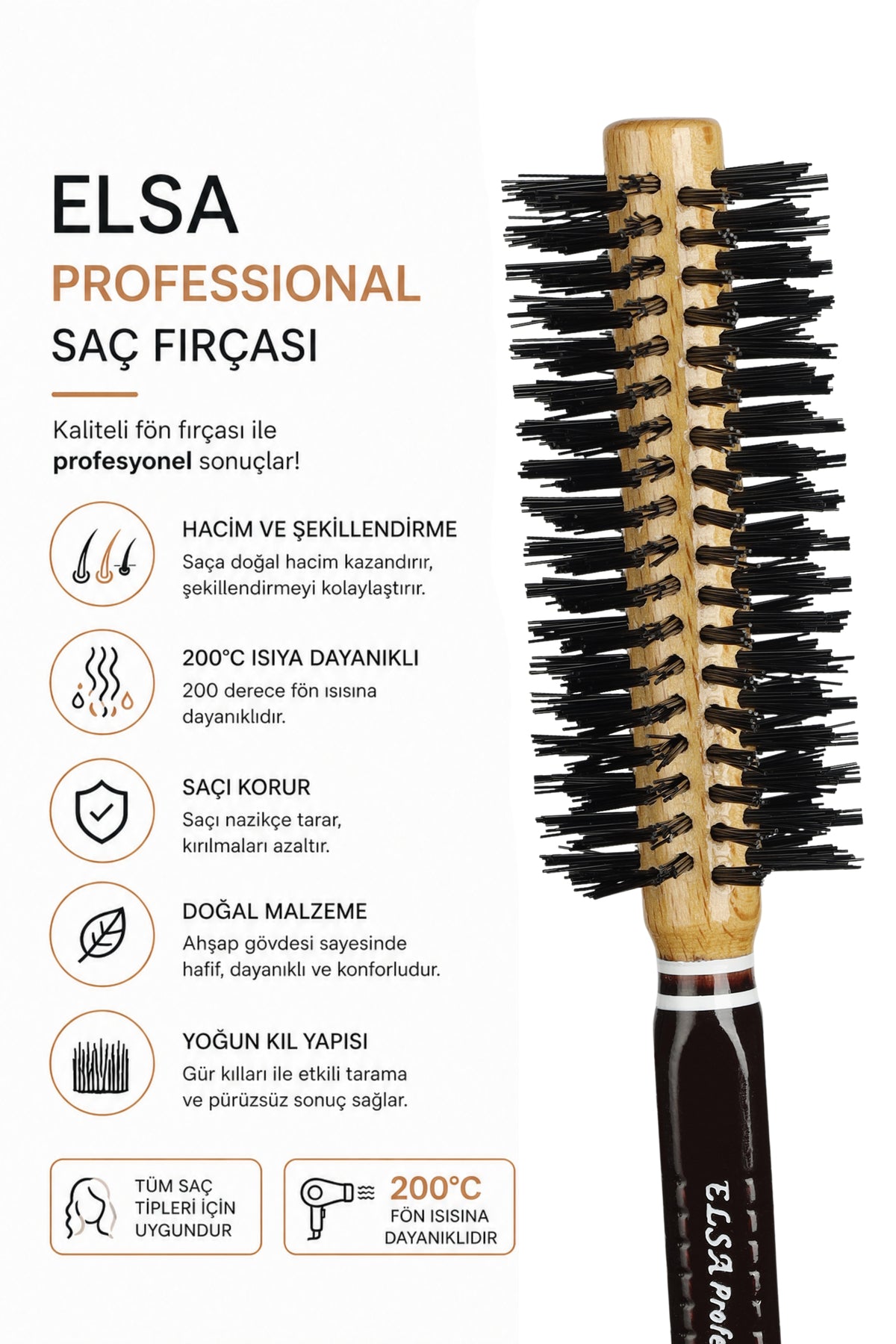 Elsa Professional 55 Natürel Saç Fırçası 41 mm – Profesyonel Fön Fırçası, Hacim Veren Yuvarlak Saç Fırçası