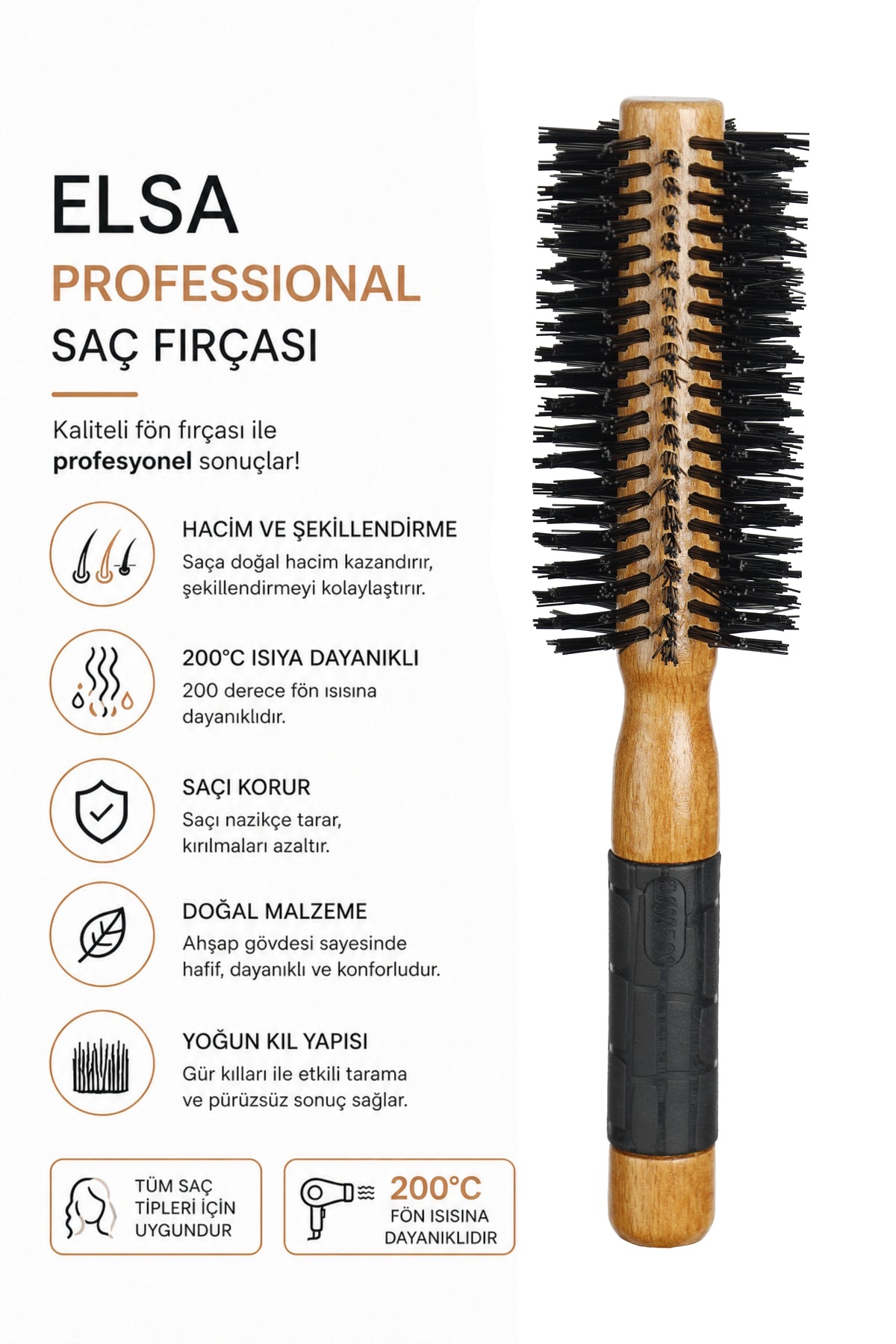 Professional 501 Natürel Saç Fırçası 48 mm – Profesyonel Fön Fırçası, Hacim Veren Yuvarlak Saç Fırçası