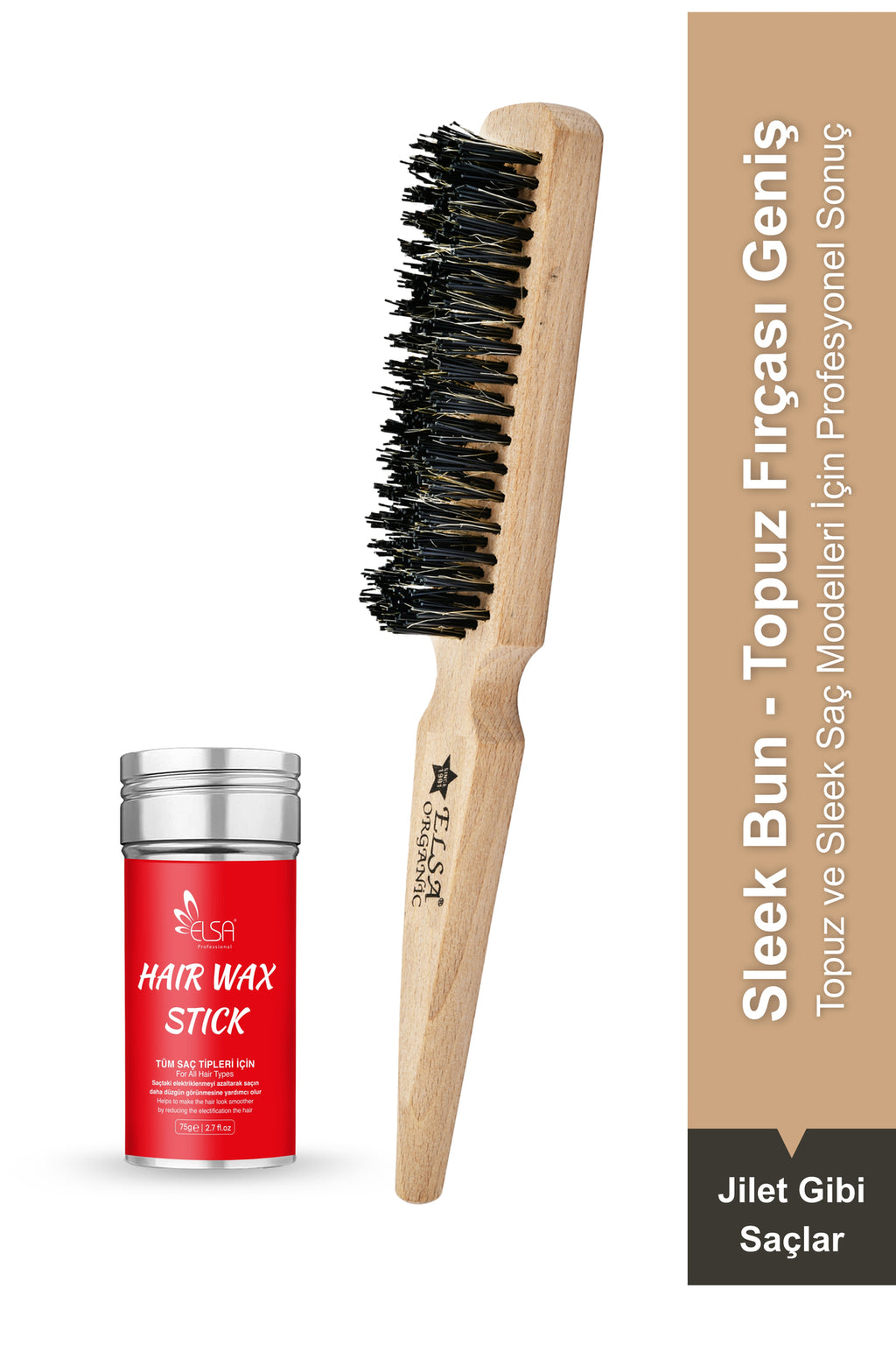 Professional Hair Wax Stick 75gr - Saç Sabitleyici ve 131 Organik Topuz Fırçası Sleek Bun 2'li Set