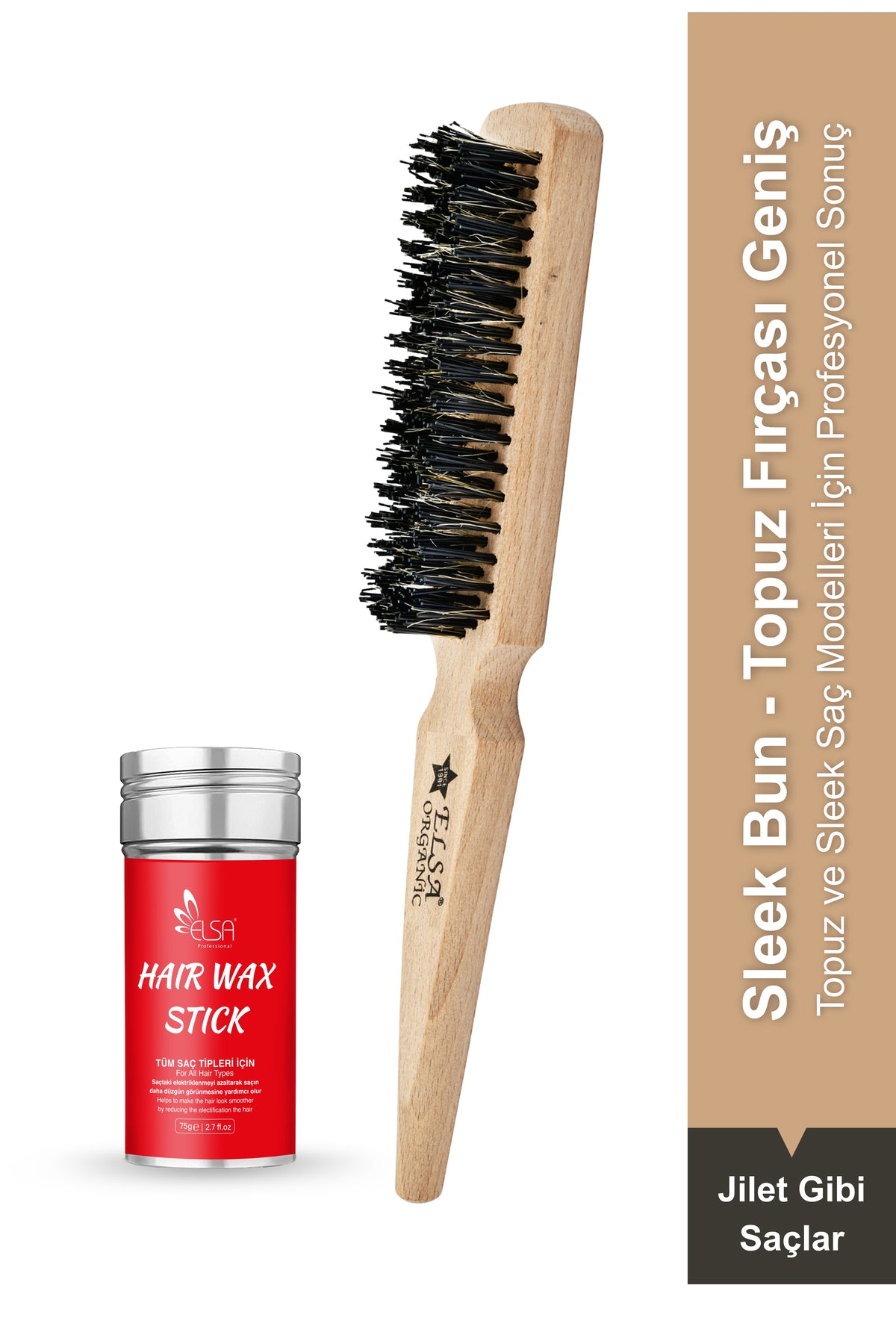 Professional Hair Wax Stick 75gr - Saç Sabitleyici ve 131 Organik Topuz Fırçası Sleek Bun 2'li Set