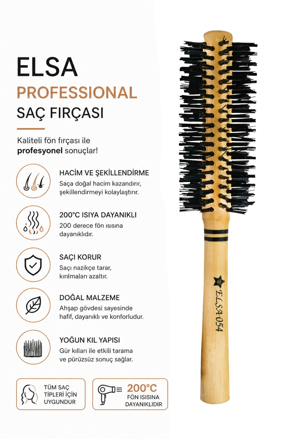 Elsa Professional 0.54 Natürel Saç Fırçası 43 mm – Profesyonel Fön Fırçası, Hacim Veren Yuvarlak Saç Fırçası