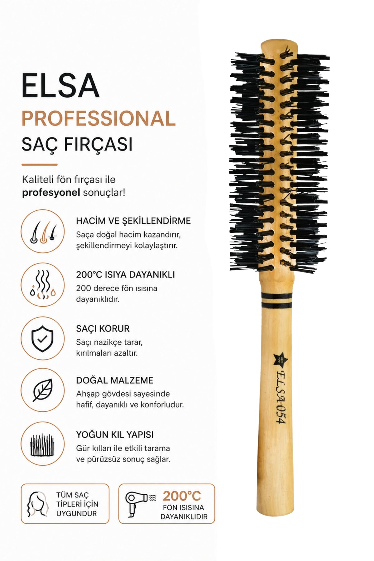 Elsa Professional 0.54 Natürel Saç Fırçası 43 mm – Profesyonel Fön Fırçası, Hacim Veren Yuvarlak Saç Fırçası