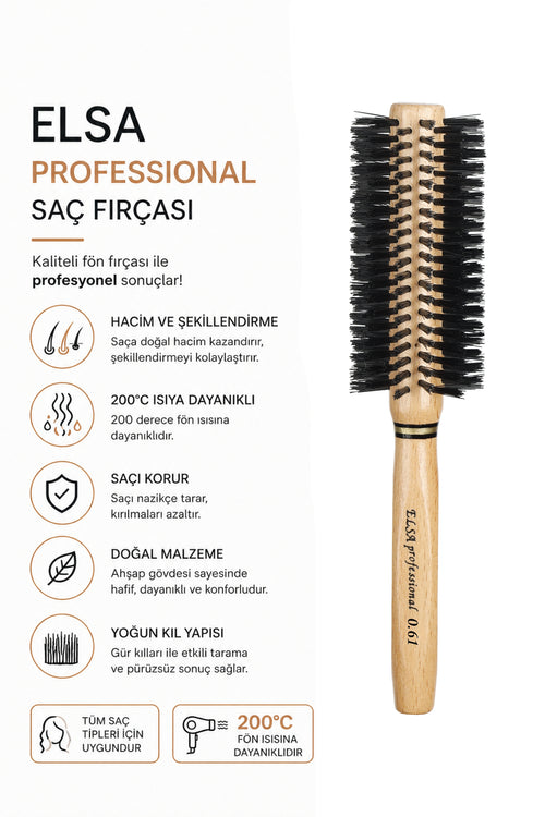 Elsa Professional 0.61 Natürel Saç Fırçası 48 mm - Profesyonel Fön Fırçası, Yuvarlak Saç Fırçası