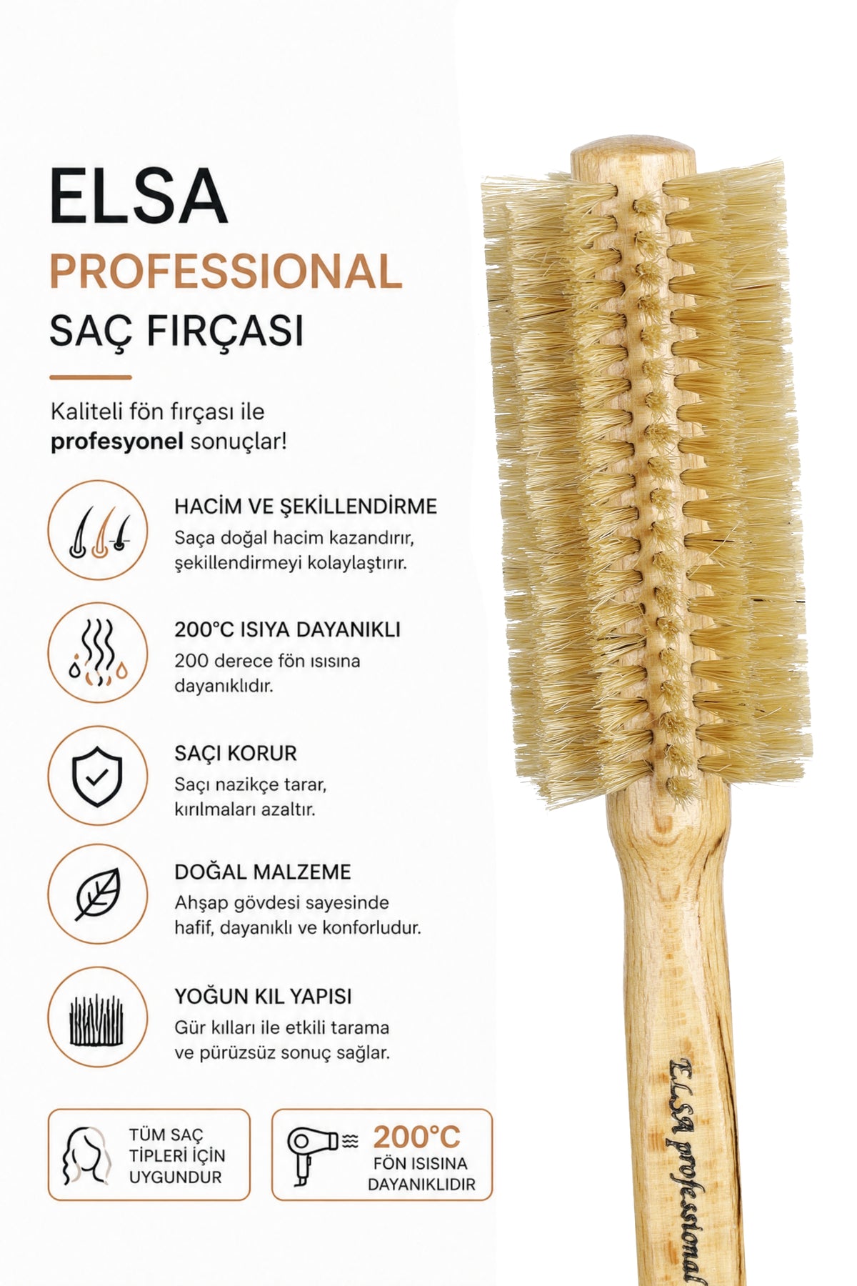 Professional 716 Natürel Doğal Saç Fırçası 48 mm – Doğal Saç Fırçası, Hacim Veren Yuvarlak Saç Fırçası
