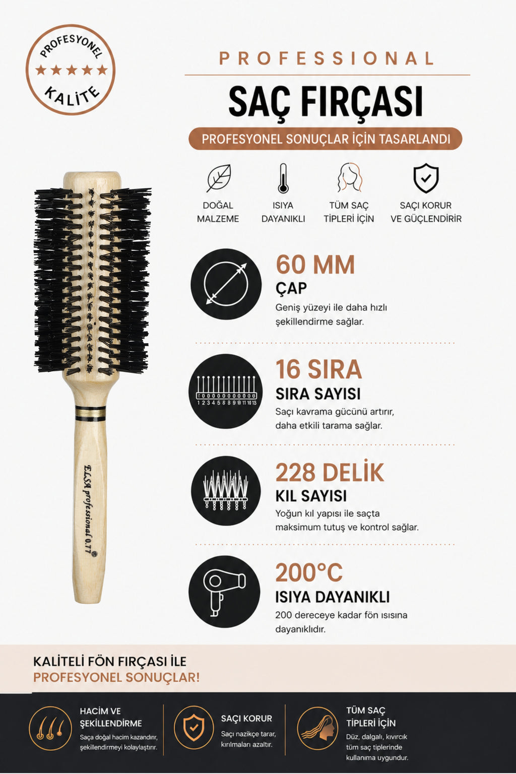 Professional 0.77 Natürel Saç Fırçası 60 mm – Profesyonel Fön Fırçası, Hacim Veren Yuvarlak Saç Fırçası
