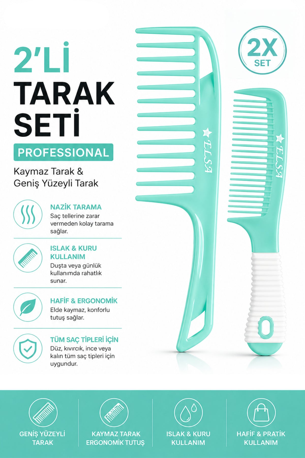 Professional 1058 Kaymaz Tarak & 0345 Geniş Yüzeyli Tarak 2’li Set – Kolay Tarama