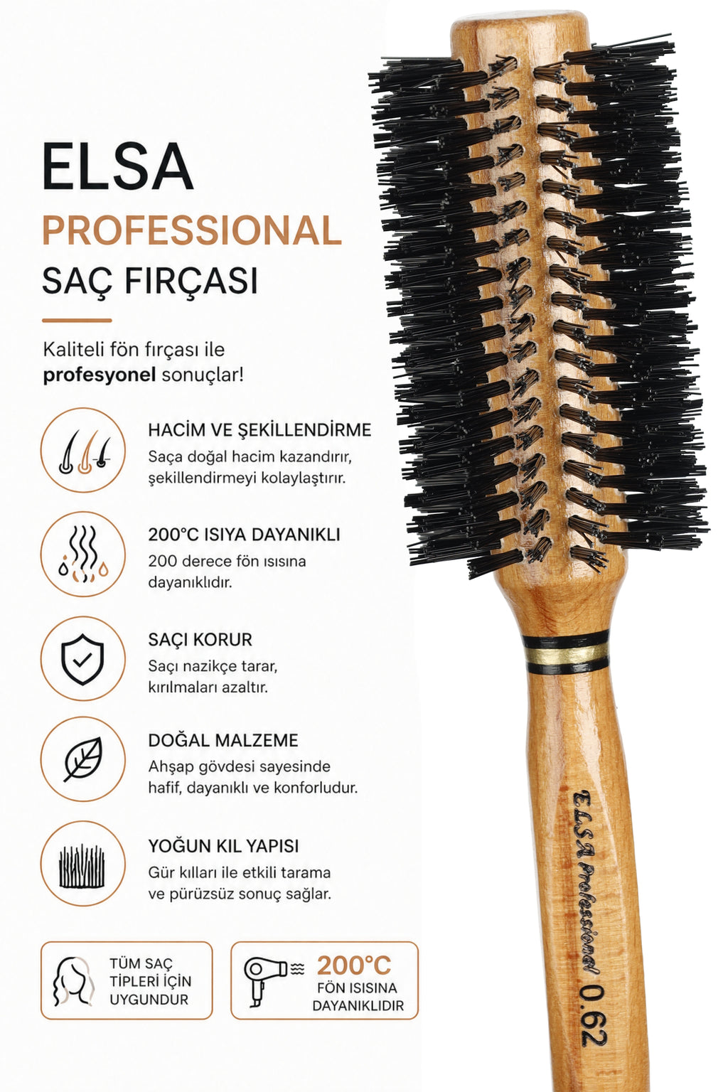 Elsa Professional 0.62 Natürel Saç Fırçası 55 mm – Profesyonel Fön Fırçası, Hacim Veren Yuvarlak Saç Fırçası