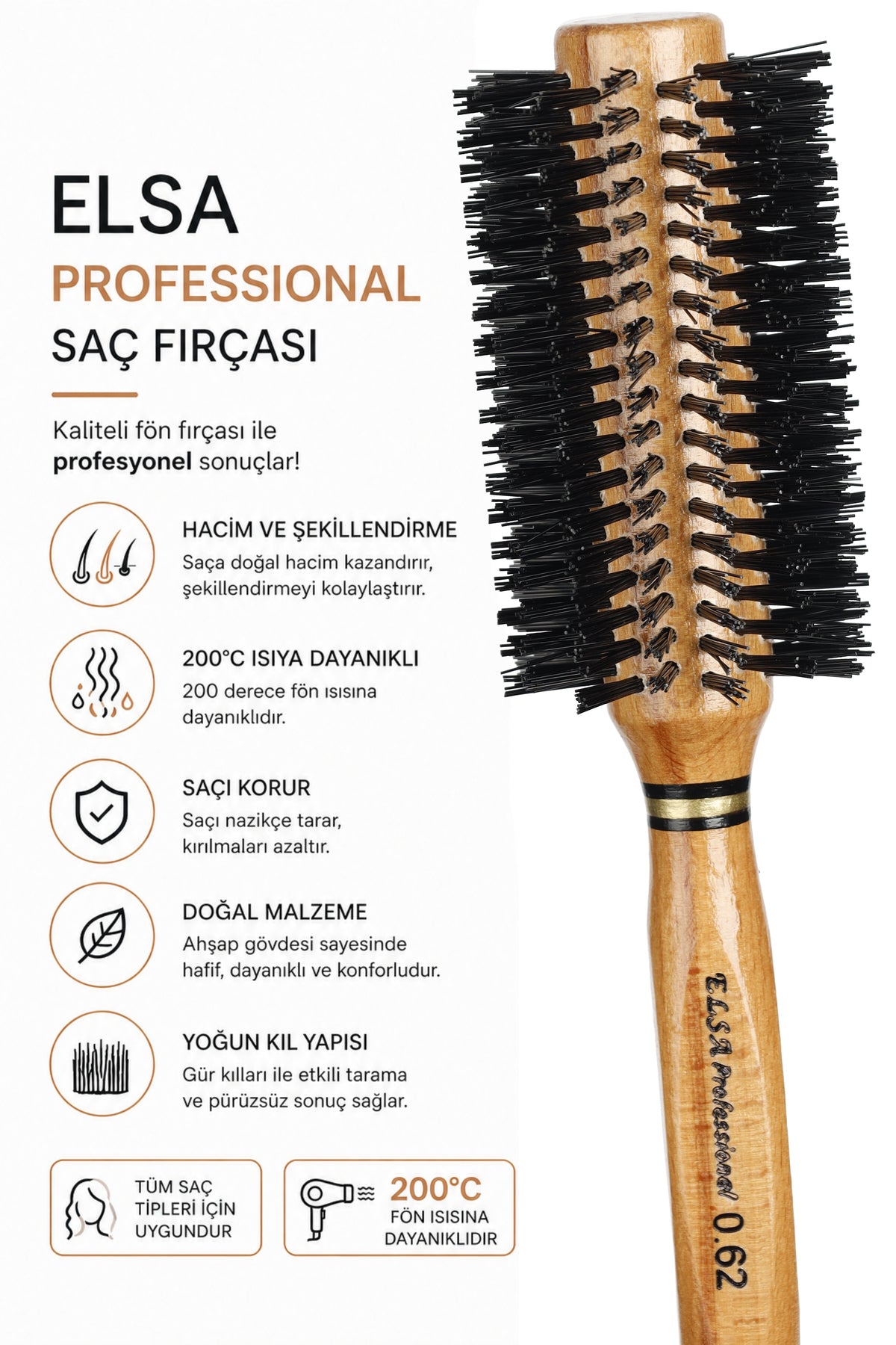 Elsa Professional 0.62 Natürel Saç Fırçası 55 mm – Profesyonel Fön Fırçası, Hacim Veren Yuvarlak Saç Fırçası
