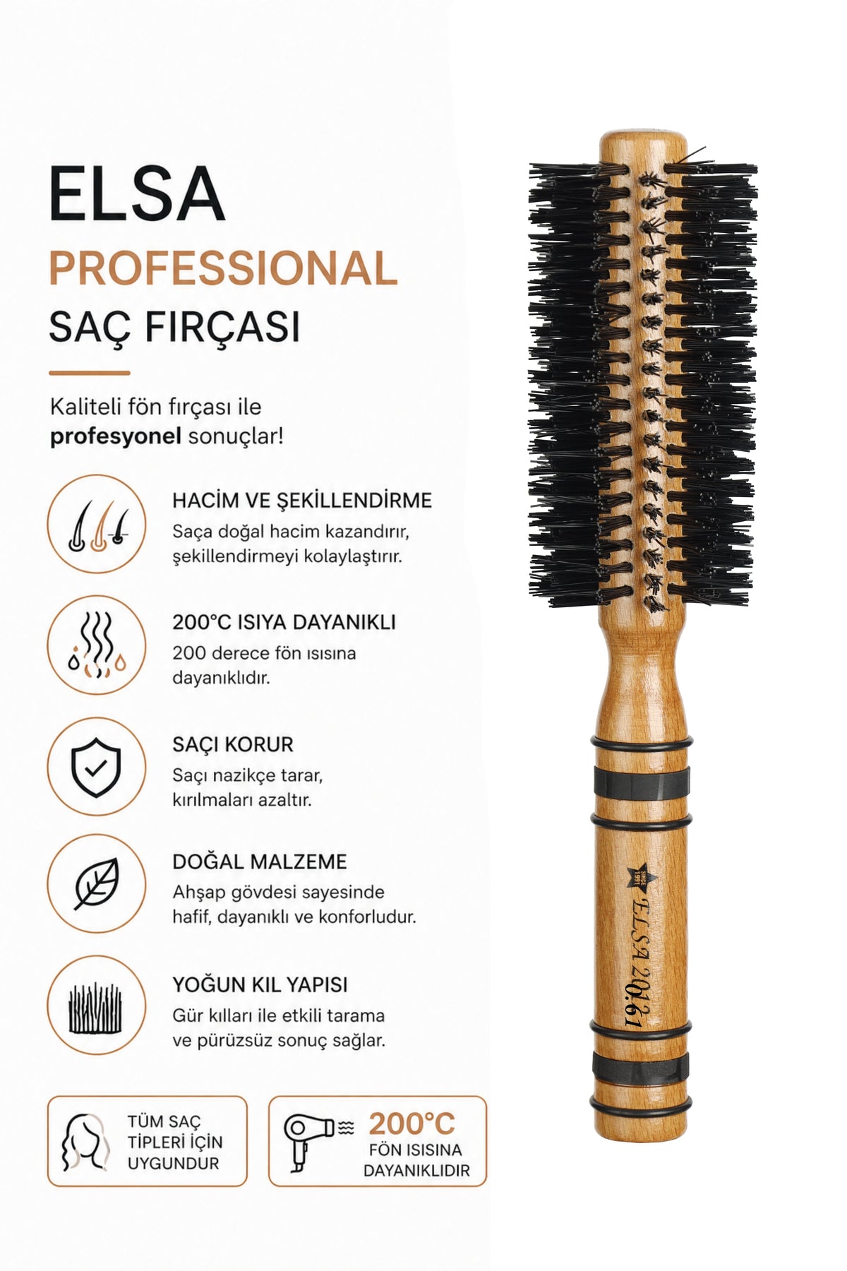 Professional 2012 Natürel Saç Fırçası 48 mm – Profesyonel Fön Fırçası, Hacim Veren Yuvarlak Saç Fırçası