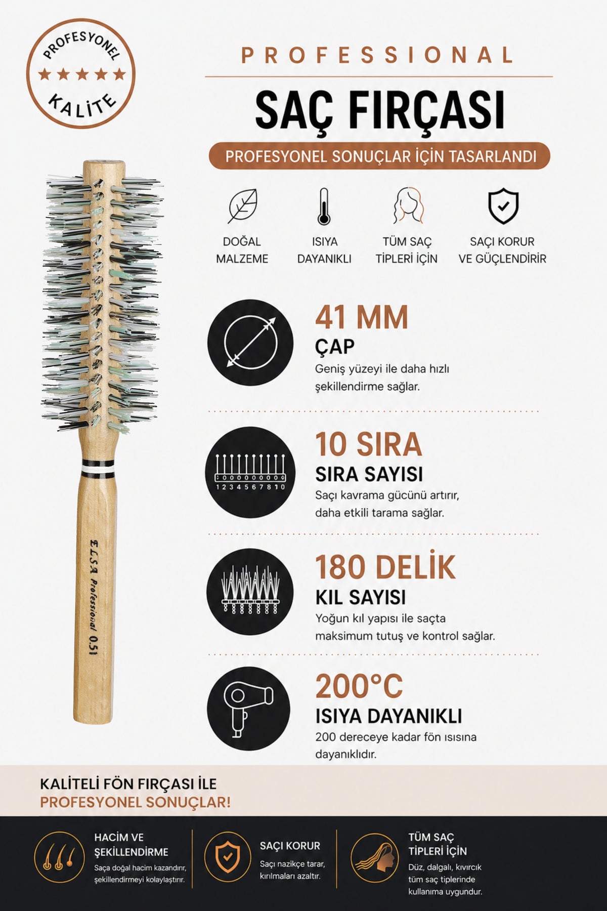 Elsa Professional 0.51 Natürel Saç Fırçası 41 mm – Profesyonel Fön Fırçası, Hacim Veren Yuvarlak Saç Fırçası