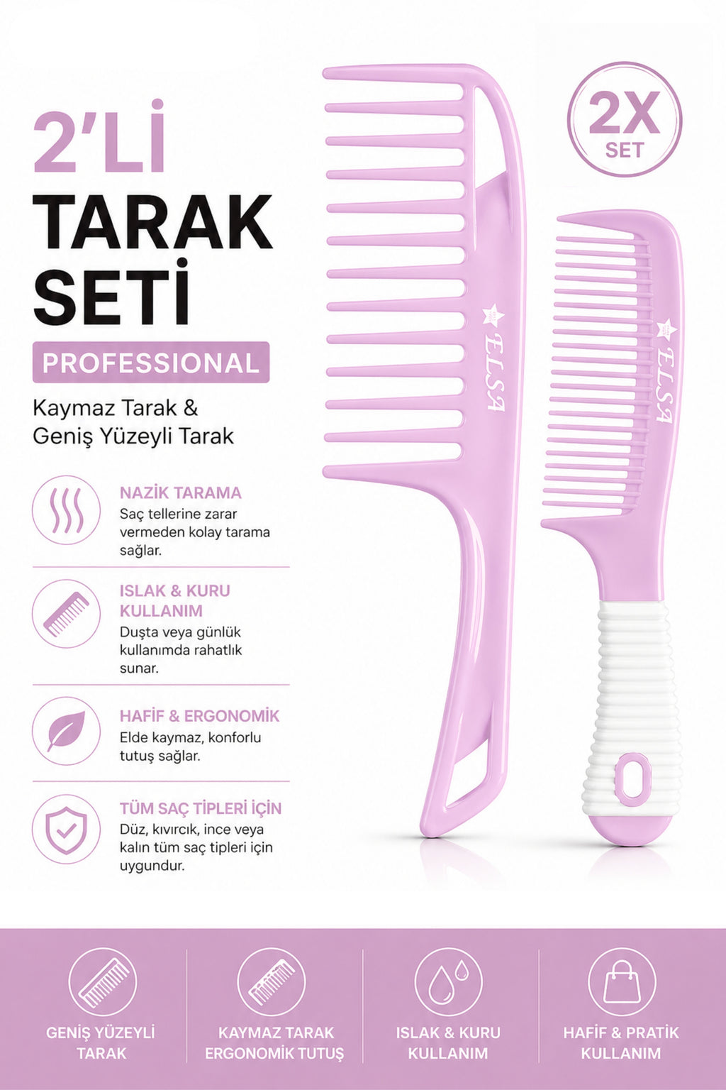 Professional 1058 Kaymaz Tarak & 0345 Geniş Yüzeyli Tarak 2’li Set – Kolay Tarama
