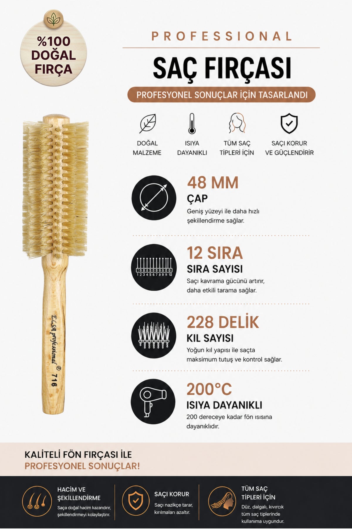 Professional 716 Natürel Doğal Saç Fırçası 48 mm – Doğal Saç Fırçası, Hacim Veren Yuvarlak Saç Fırçası