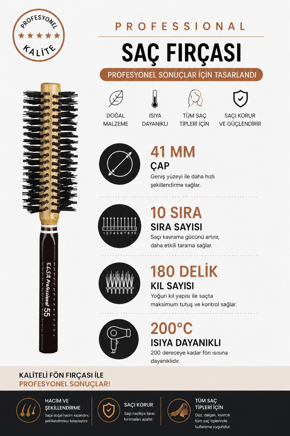 Elsa Professional 55 Natürel Saç Fırçası 41 mm – Profesyonel Fön Fırçası, Hacim Veren Yuvarlak Saç Fırçası