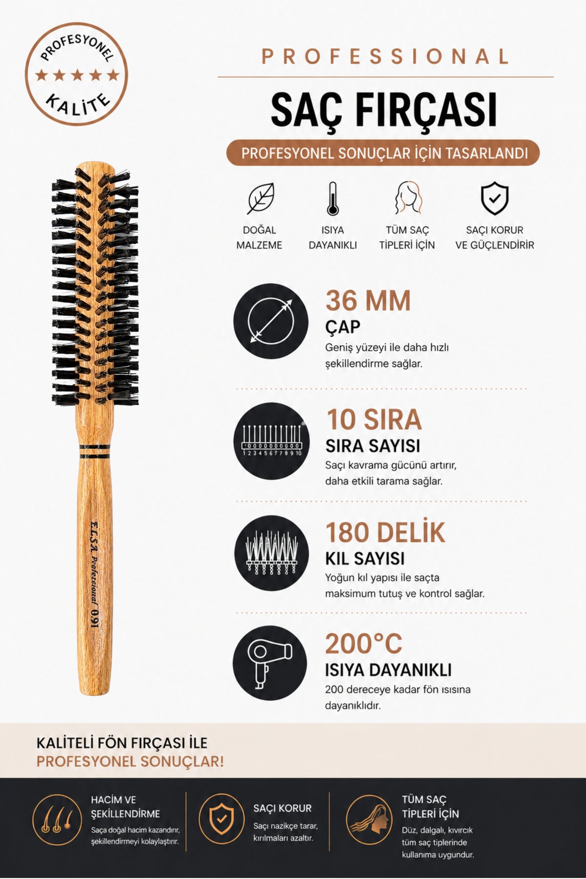 Professional 0.91 Natürel Sert Saç Fırçası 36 mm – Profesyonel Fön Fırçası, Hacim Veren Yuvarlak Saç Fırçası