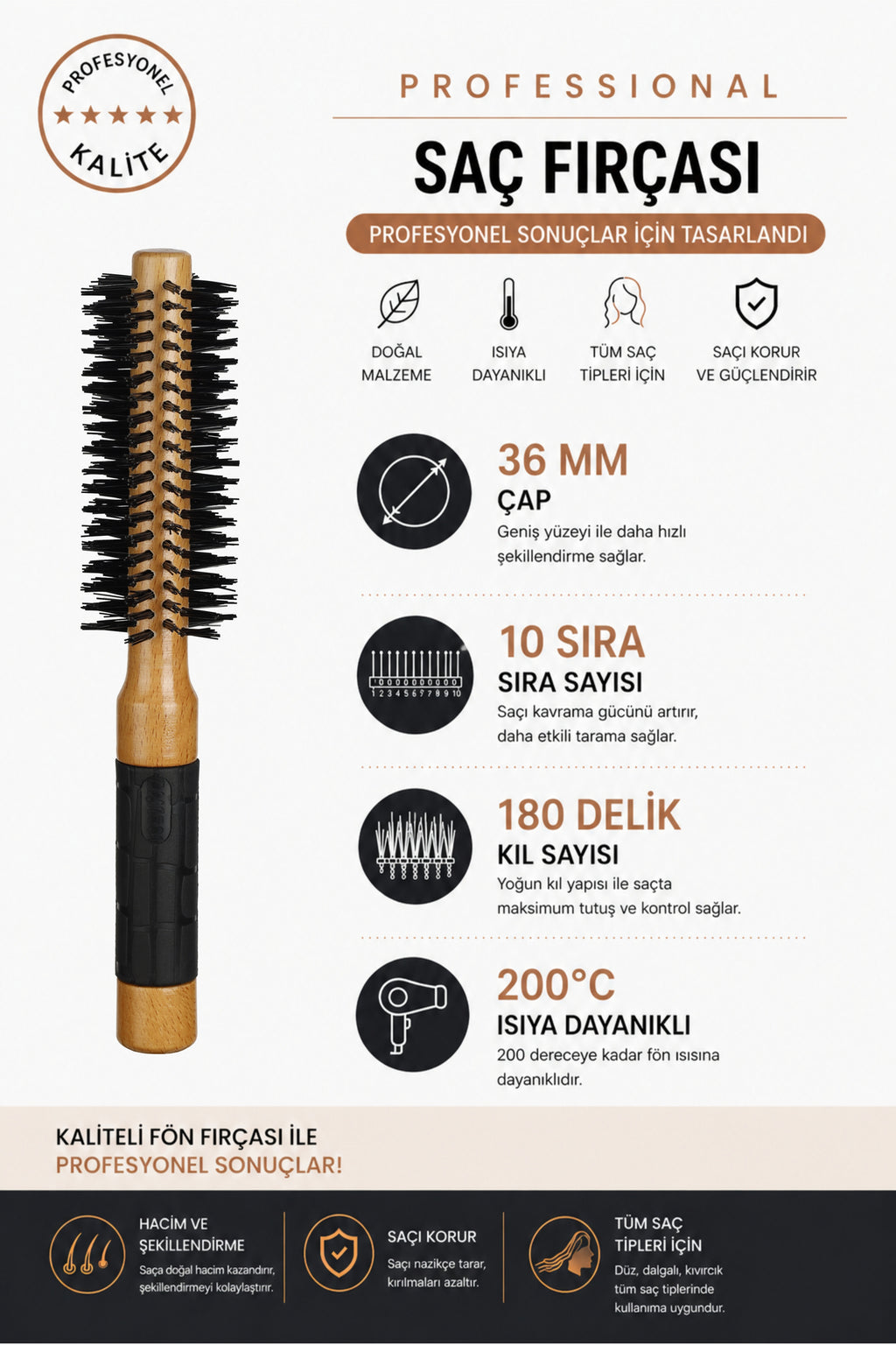 Professional 502 Natürel Saç Fırçası 36 mm – Profesyonel Fön Fırçası, Hacim Veren Yuvarlak Saç Fırçası