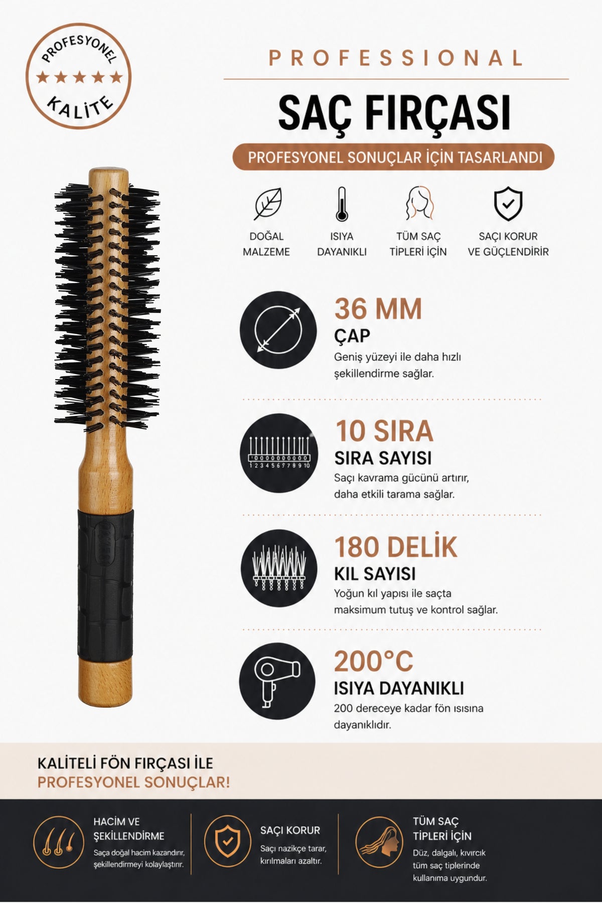 Professional 502 Natürel Saç Fırçası 36 mm – Profesyonel Fön Fırçası, Hacim Veren Yuvarlak Saç Fırçası