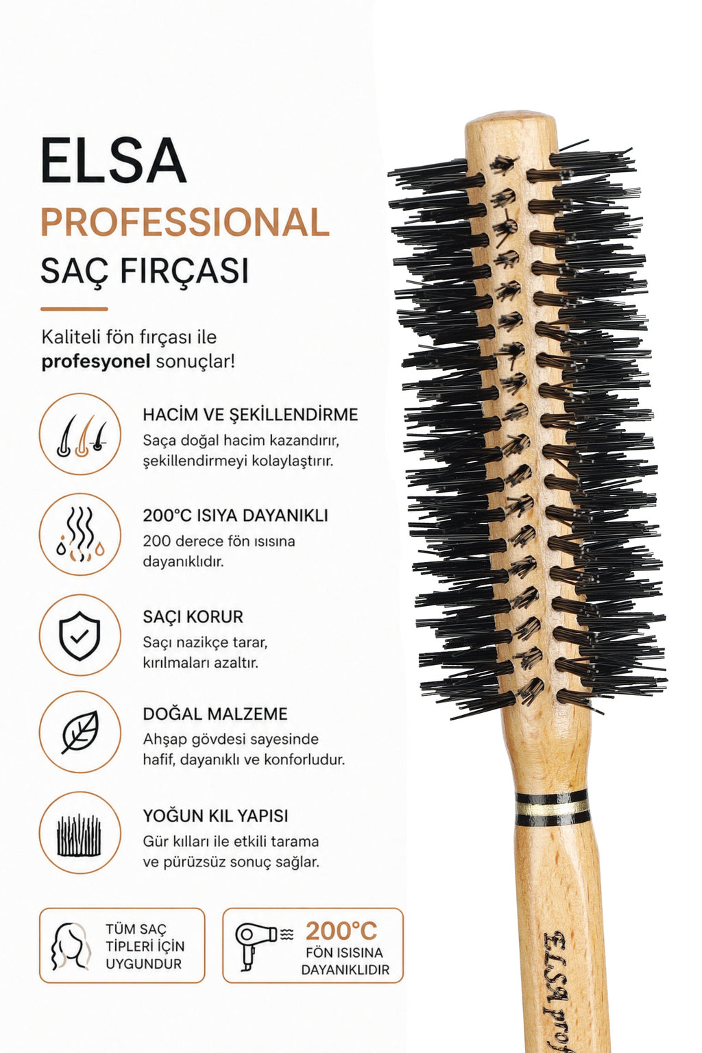 Professional 2002 Natürel Saç Fırçası 40 mm – Profesyonel Fön Fırçası, Hacim Veren Yuvarlak Saç Fırçası